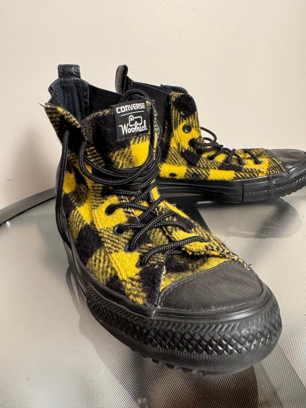 Converse Woolrich Collab High Tops In Black and Yellow Plaid Womens 8.5